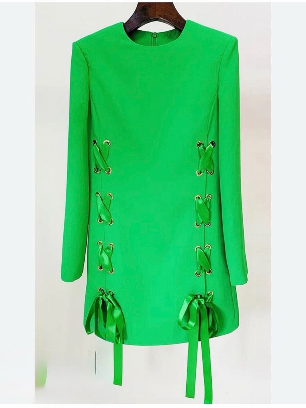 Green Long Sleeve Lace-Up Bow Shift Dress M